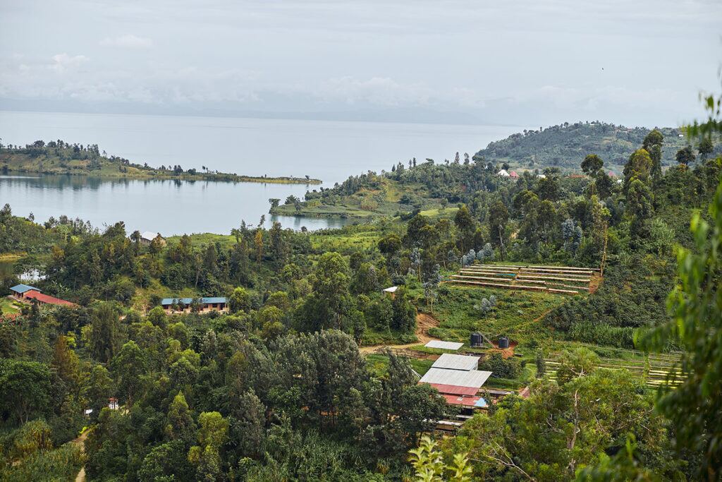 Calm waters and green islands of Lake Kivu on a RAV4 road trip from Kigali